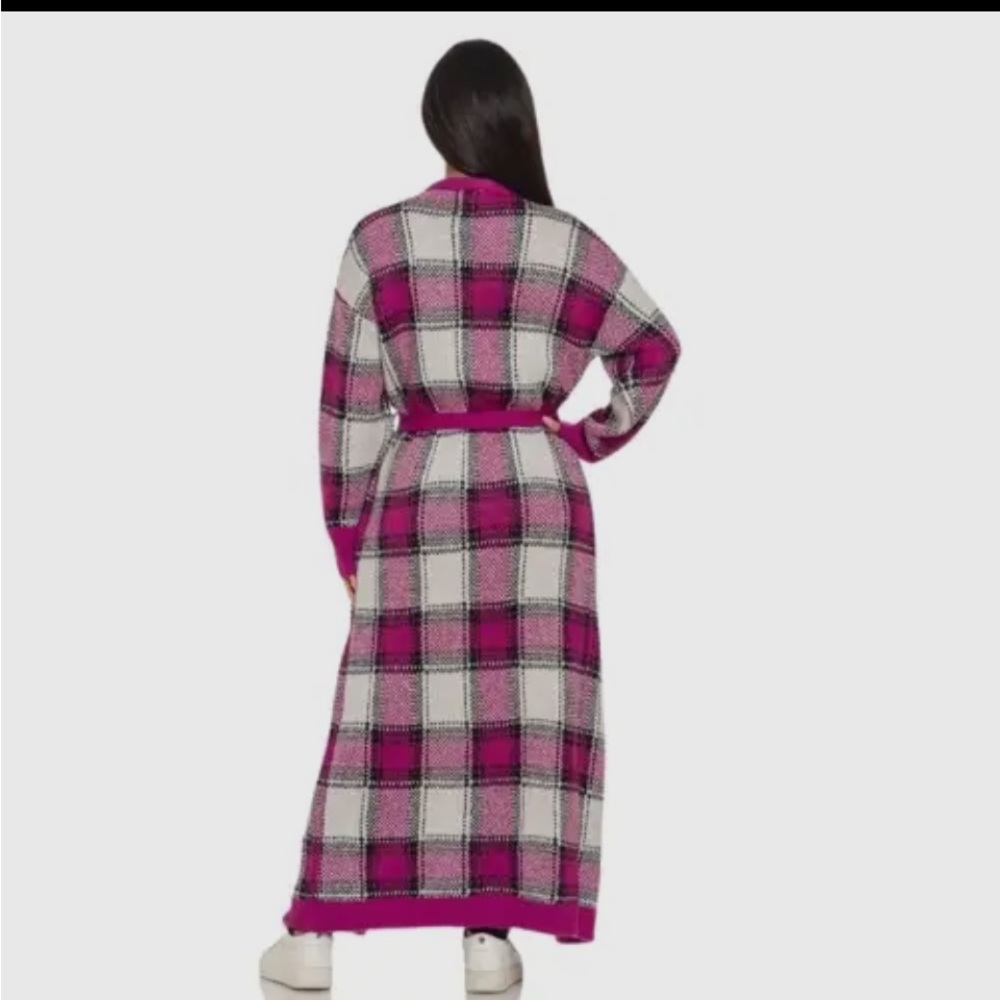 0043. Plaid Long Cardigan with Belt - Picture 3 of 4